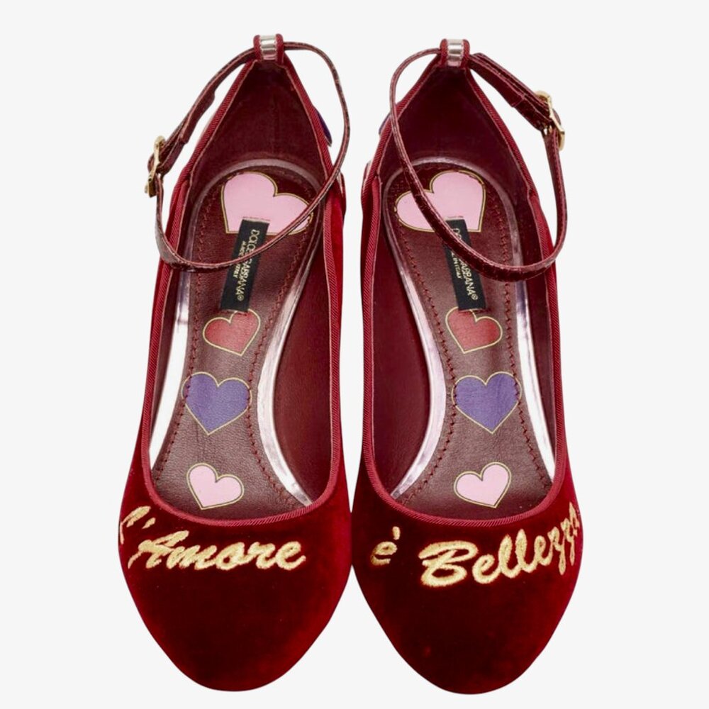 DOLCE & GABBANA VELVET HEART EMBELLISHED  ANKLE STRAP PUMP Size 40IT,9US